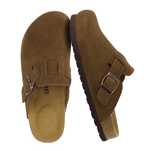 CUSHIONAIRE Hana Classic Clog Damen-Schuhe, echtes Leder, Wildleder, Slipper, bequeme Schuhe für Damen, Braun, 39.5 EU Weit von CUSHIONAIRE