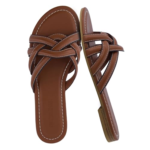 CUSHIONAIRE Laguna Slip-On Sandalen für Damen mit geflochtenen Riemen und gepolstertem Fußbett Flache Casual Slides, Cognac, 42 EU Weit von CUSHIONAIRE