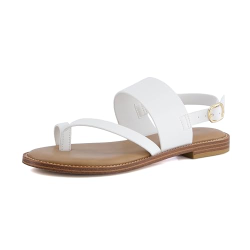CUSHIONAIRE Leader Damen Riemchensandale - Premium Kunstleder Zehenschlaufe flach mit verstellbarem Knöchelriemen & gepolstertem Fußbett, Weiss/opulenter Garten, 37 EU von CUSHIONAIRE