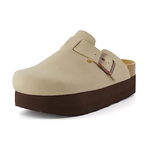 CUSHIONAIRE Loom Damen Plateau-Clog mit Korkfußbett und +Komfort, große Weiten erhältlich, Stone Nubuk 37 EU von CUSHIONAIRE