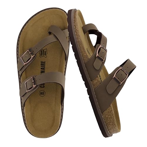 CUSHIONAIRE Pluto Kork-Fußbett-Sommer-Sandalen für Damen, bequeme Slides mit verstellbaren Schnallen, Zehenschlaufe und genähtem Design, stilvolle Slip-On-Damenschuhe, Braun, 39.5 EU Weit von CUSHIONAIRE