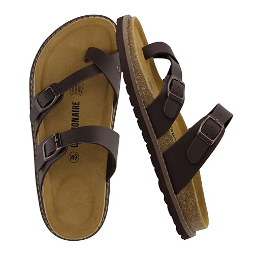 CUSHIONAIRE Pluto Kork-Fußbett-Sommer-Sandalen für Damen, bequeme Slides mit verstellbaren Schnallen, Zehenschlaufe und genähtem Design, stilvolle Slip-On-Damenschuhe, Brauner Nappa, 39.5 EU von CUSHIONAIRE