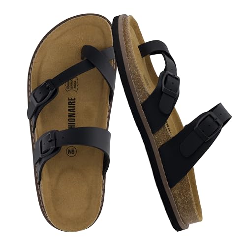 CUSHIONAIRE Pluto Kork-Fußbett-Sommer-Sandalen für Damen, bequeme Slides mit verstellbaren Schnallen, Zehenschlaufe und genähtem Design, stilvolle Slip-On-Damenschuhe, Schwarz, 41 EU Weit von CUSHIONAIRE