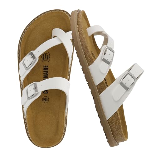 CUSHIONAIRE Pluto Kork-Fußbett-Sommer-Sandalen für Damen, bequeme Slides mit verstellbaren Schnallen, Zehenschlaufe und genähtem Design, stilvolle Slip-On-Damenschuhe, Weiss/opulenter Garten, 42 EU von CUSHIONAIRE