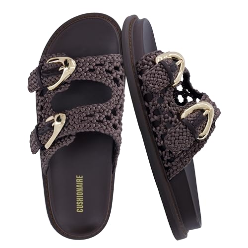 CUSHIONAIRE Wafful Damen Geflochtene Pantoletten mit doppelt verstellbaren Schnallen - Memory Foam Fußbett Slip On Comfort Slides, Braun, 38 EU von CUSHIONAIRE