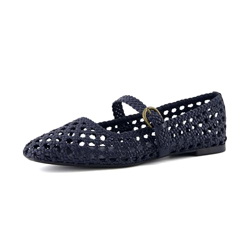 CUSHIONAIRE Weston Damen handgewebte elegante Ballerinas - Kunstleder Mary Jane mit verstellbarem Riemen & Memory-Schaum, Marineblau gewebt, 38.5 EU Weit von CUSHIONAIRE