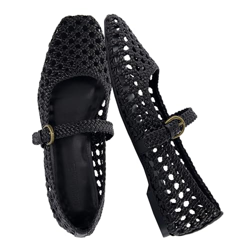 CUSHIONAIRE Weston Damen handgewebte elegante Ballerinas - Kunstleder Mary Jane mit verstellbarem Riemen & Memory-Schaum, Schwarz gewebt, 40 EU Weit von CUSHIONAIRE