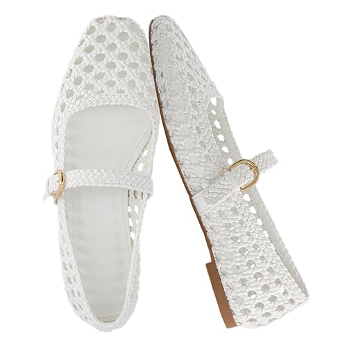 CUSHIONAIRE Weston Damen handgewebte elegante Ballerinas - Kunstleder Mary Jane mit verstellbarem Riemen & Memory-Schaum, Weiss/opulenter Garten, 38.5 EU CUSHIONAIRE Weston Damen handgewebte elegante Ballerinas - Kunstleder Mary Jane mit verstellbarem Riemen & Memory-Schaum, Weiss/opulenter Garten, 38.5 EU von CUSHIONAIRE