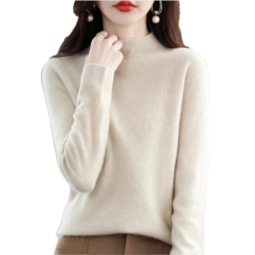 CUSON Kaschmir-Pullover für Damen, 100 % Kaschmir, langärmelig, Rundhalsausschnitt, weich, warm, Strickpullover, beige, L von CUSON