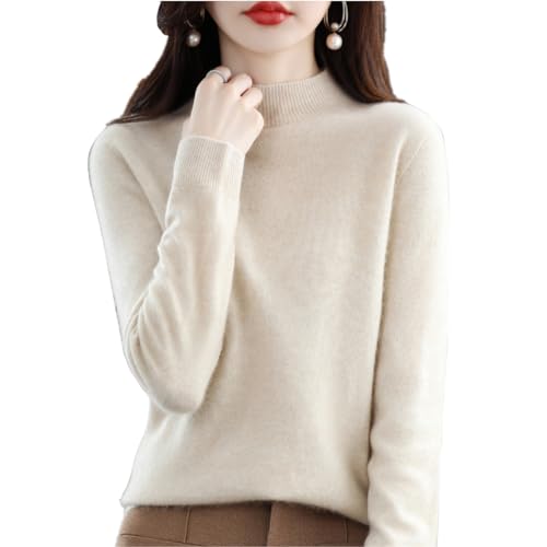 CUSON Kaschmir-Pullover für Damen, 100 % Kaschmir, langärmelig, Rundhalsausschnitt, weich, warm, Strickpullover, beige, S von CUSON