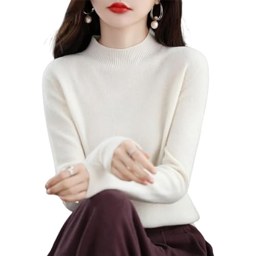 CUSON Kaschmir-Pullover für Damen, 100% Kaschmir, langärmelig, Rundhalsausschnitt, weich, warm, Strickpullover, weiß, XL von CUSON