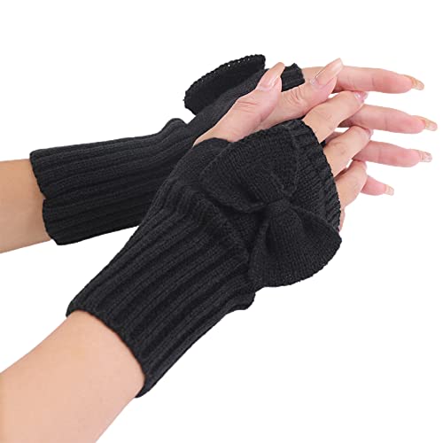 Warme Winterhandschuhe mit Touchscreen, 1 Paar fingerlose Schleife, dekorativ, Damenhandschuhe, Herbst und Winter, gerippte Manschette, einfarbig, Strickhandschuhe, Armstulpen, Schwarz , 1.00 Stärke von CUSROS