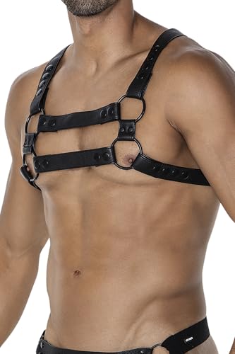 CUT4MEN Dessous Schwarzer Herren Brust-Harness Männer Geschirr aus Kunstelder, Metallringen und Druckknöpfen OneSize OS von CUT4MEN Dessous