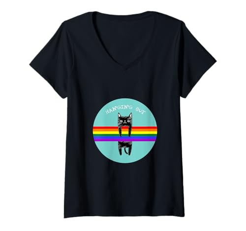Damen Niedliches Katzen-T-Shirt, zum Aufhängen, Schwarze Katze, die an einem Regenbogen hängt T-Shirt mit V-Ausschnitt Damen Niedliches Katzen-T-Shirt, zum Aufhängen, Schwarze Katze, die an einem Regenbogen hängt T-Shirt mit V-Ausschnitt von CUTE CAT DESIGN. HANGING OUT. BLACK CAT ON RAINBOW