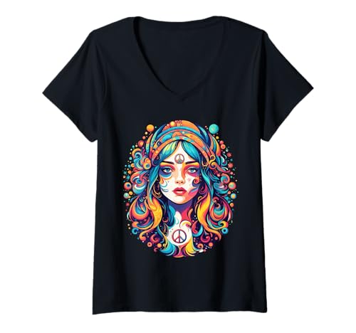 Damen Süße Dame mit Buntem Haar, blau, rot, gelb, Friedensplaneten T-Shirt mit V-Ausschnitt Damen Süße Dame mit Buntem Haar, blau, rot, gelb, Friedensplaneten T-Shirt mit V-Ausschnitt von CUTE LADY WITH COLORFUL HAIR, BLUE RED AND YELLOW