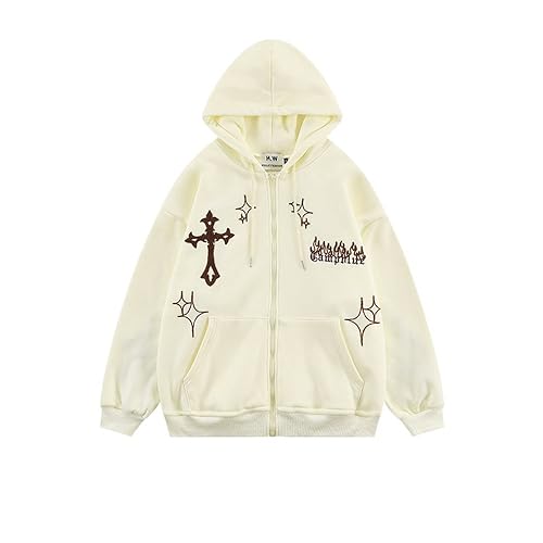 CUTEGAL Aesthetic Y2K Gothic Graphic Flame Cross Print Streetwear Oversized Uni 2023AW Hoodie, Weiss/opulenter Garten, Large von CUTEGAL