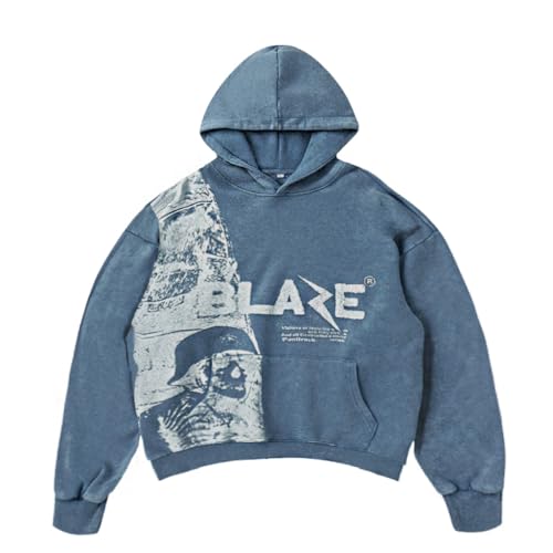 CUTEGAL Y2K Hoodie Denim Grunge Hoodie Streetwear Kleidung Casual Oversize Blaze Print Muster Skull Hoodie Unisex 2023AW, Blau, X-Large von CUTEGAL