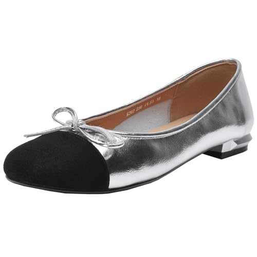 CUTEHEELS Bequeme Flache Damenschuhe aus Rindsleder mit Quadratischer Spitze und Schleife - Große Schuhbreite (Silber, 40) von CUTEHEELS