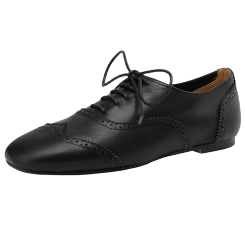 CUTEHEELS Bequeme Oxford-Ballerinas mit Schnürung aus Rindsleder für Damen mit Quadratischer Zehenpartie (Schwarz, 37) von CUTEHEELS