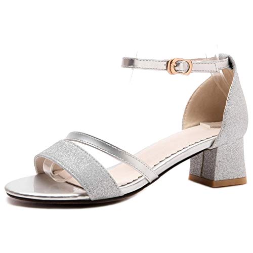 CUTEHEELS Damen Blockabsatz Sandalen mit Offener Zehe (Silber, 42 EU) von CUTEHEELS