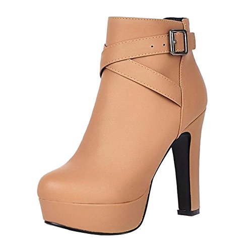 CUTEHEELS Damen Plateaustiefeletten | Hohe Blockabsätze (12cm) mit Runder Spitze, Seitlichem Reißverschluss, Wintertauglich (Beige, 39 EU) von CUTEHEELS