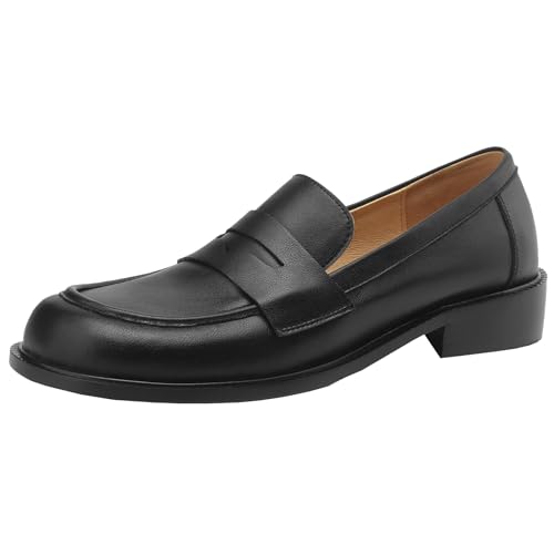 CUTEHEELS Damen Comfort Rindsleder Loafer Schuhe mit Runder Spitze und Niedrigen, Klobigen Absätzen (Schwarz, 46) von CUTEHEELS