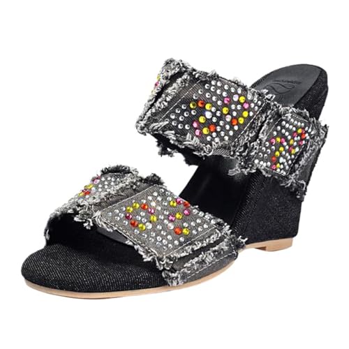 CUTEHEELS Damen Denim Sandaletten mit Plateausohle | Strasssteine Verzierung Sommerschuhe für Urlaub, Fest (Grau, 38 EU) von CUTEHEELS