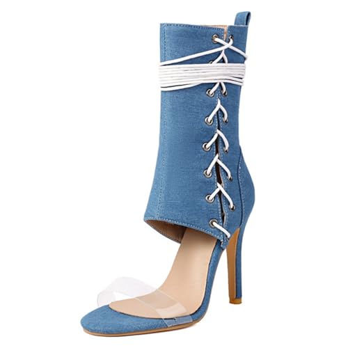 CUTEHEELS Damen Denim & PU Sandaletten mit Kreuzriemen für Party, Streetstyle (Blau, 45 EU) von CUTEHEELS