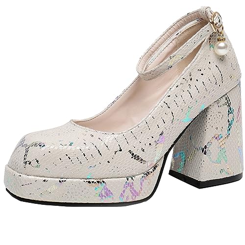 CUTEHEELS Damen Elegante Plateauschuhe mit Hohen Blockabsätzen und Eckiger Zehenpartie (Weiß, 37) von CUTEHEELS