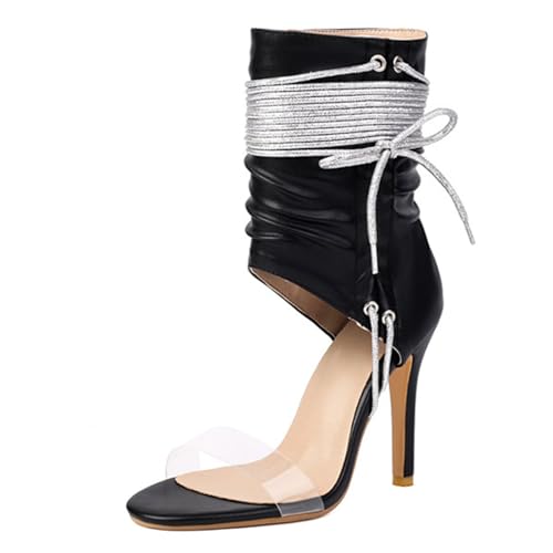 CUTEHEELS Damen High Heel Sandaletten Offene Zehen mit Wickelriemen, Trendige StilettoS für Streetstyle, Party (Schwarz, 45 EU) von CUTEHEELS