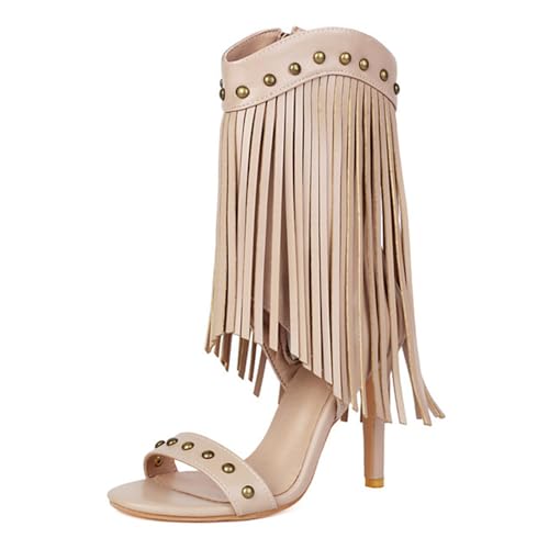 CUTEHEELS Damen High Heel Sandaletten mit Fransen | Pfennigabsatz Seitlicher Reißverschluss | Abendevents, Bühne, Partys (Aprikose, 42 EU) von CUTEHEELS