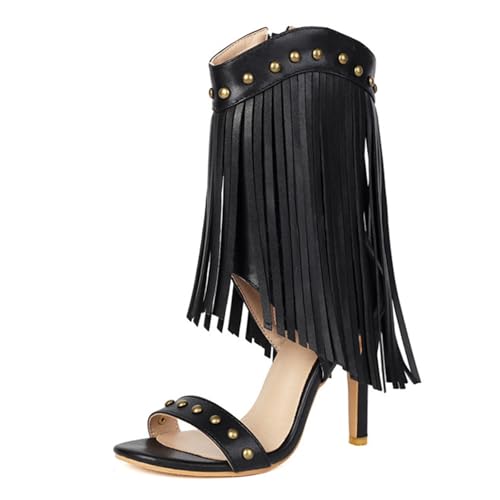 CUTEHEELS Damen High Heel Sandaletten mit Fransen | Pfennigabsatz Seitlicher Reißverschluss | Abendevents, Bühne, Partys (Schwarz, 43 EU) von CUTEHEELS