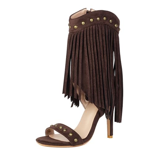 CUTEHEELS Damen High Heel Sandaletten mit Fransen | Spitzenschuhe für Tanz und Bühne | Seitlicher Reißverschluss (Braun, 44 EU) von CUTEHEELS