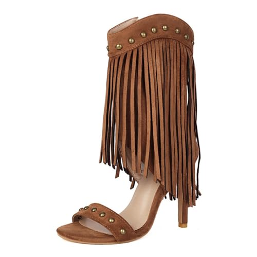 CUTEHEELS Damen High Heel Sandaletten mit Fransen | Spitzenschuhe für Tanz und Bühne | Seitlicher Reißverschluss (Gelb, 37 EU) von CUTEHEELS