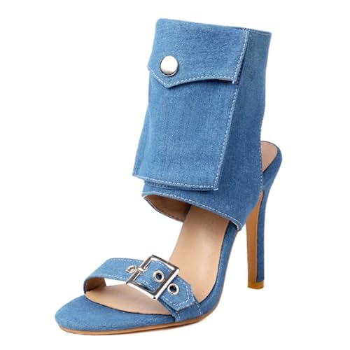 CUTEHEELS Damen High-Top Open-Toe Stiletto-Stiefelchen | Metallverzierung Reißverschluss (Blau, 46 EU) von CUTEHEELS