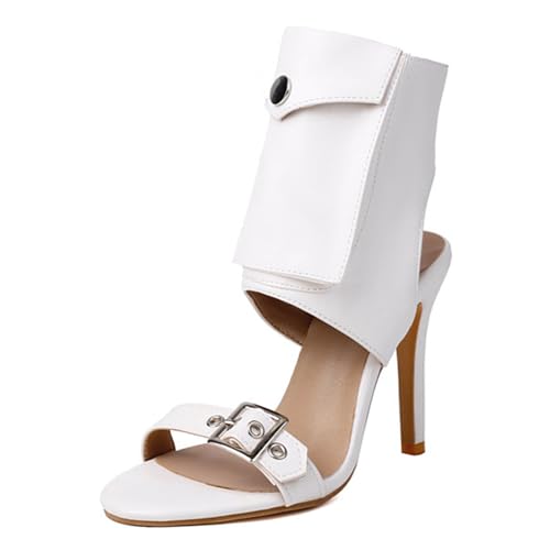 CUTEHEELS Damen High-Top Open-Toe Stiletto-Stiefelchen | Metallverzierung Reißverschluss (Weiß, 40 EU) von CUTEHEELS