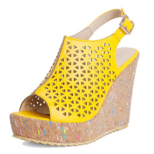 CUTEHEELS Damen Keilsandalette mit Peeptoe(Gelb,42) von CUTEHEELS