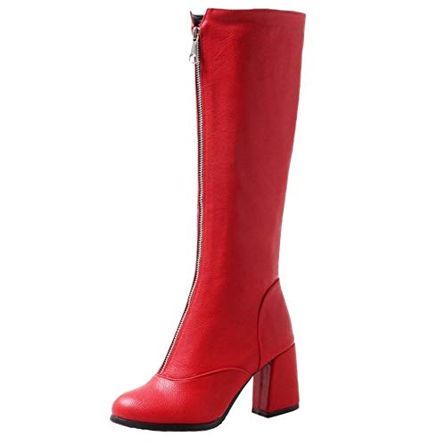 CUTEHEELS Damen Komfort Kniehohe Ritterstiefel mit Runder Zehenpartie und Blockabsatz (Rot, 37 EU) von CUTEHEELS