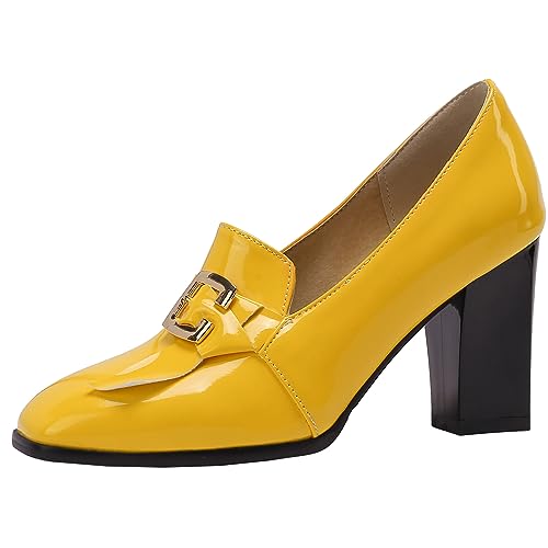 CUTEHEELS Damen Lässiges Slip-on-Kleid Pumps mit Eckiger Zehenpartie und Klobigen Absätzen (Gelb, 48) von CUTEHEELS