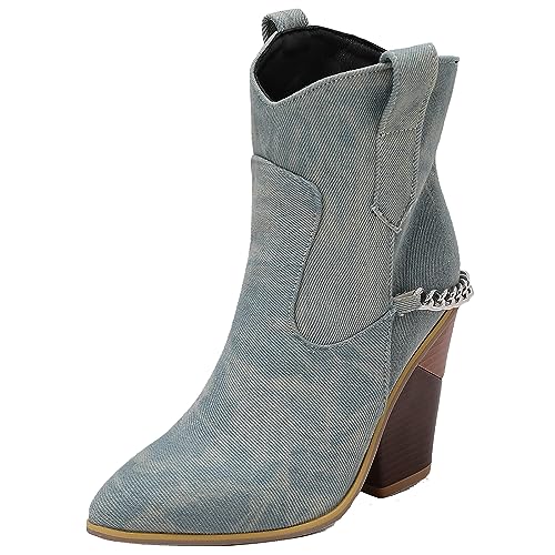 CUTEHEELS Damen Mode Cowboy Stiefeletten mit Spitzer Zehenpartie und Klobigen Absatz (Hellblau, 41) von CUTEHEELS