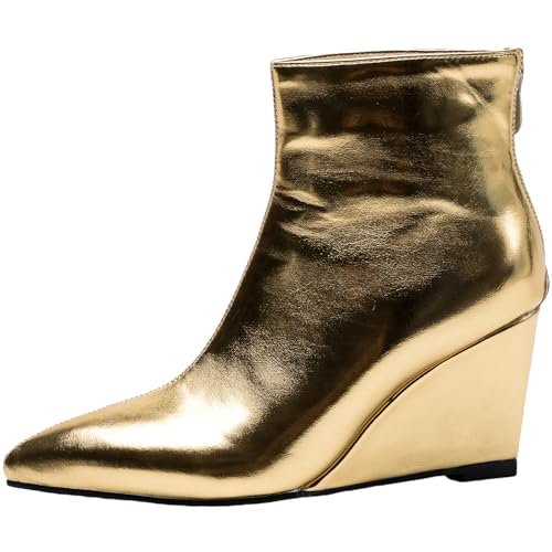 CUTEHEELS Damen Mode Keilstiefeletten mit Spitzer Zehenpartie und Reißverschluss Hinten (Gold, 37 EU) von CUTEHEELS
