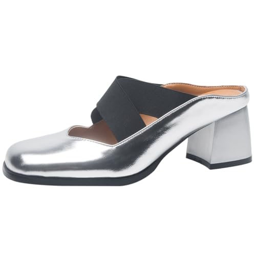 CUTEHEELS Damen Mode Kreuz Riemen Hausschuhe mit Geschlossener Zehe und Klobigen Absätzen für Kleid (Silber, 32) von CUTEHEELS