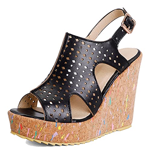 CUTEHEELS Damen Mode Peep Toe Keilsandalen(Schwarz1,42) von CUTEHEELS