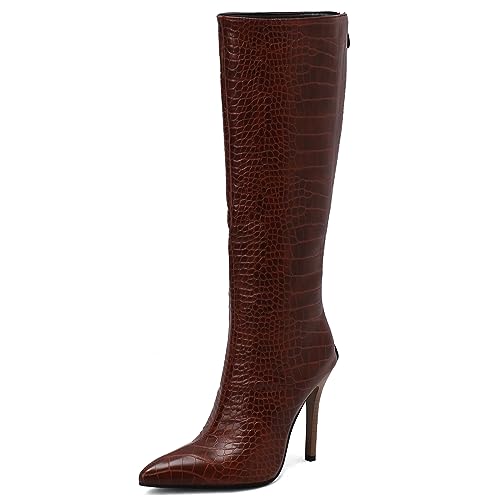 CUTEHEELS Damen Mode Spitze Zehe Kniehohe Stiefel Ritter Stiefel mit Stilettoabsatz (Weinrot, 46) von CUTEHEELS