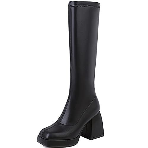 CUTEHEELS Damen Modische Kniehohe Stiefel mit Hohem Blockabsatz und Eckiger Zehenpartie (Schwarz, 39EU) von CUTEHEELS