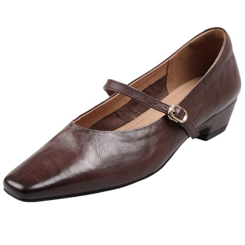 CUTEHEELS Damen Modische Leder Flache Schuhe Elegante Quadratische Zehe Low Heel Mary Jane Schuhe (Braun, 37 EU) von CUTEHEELS
