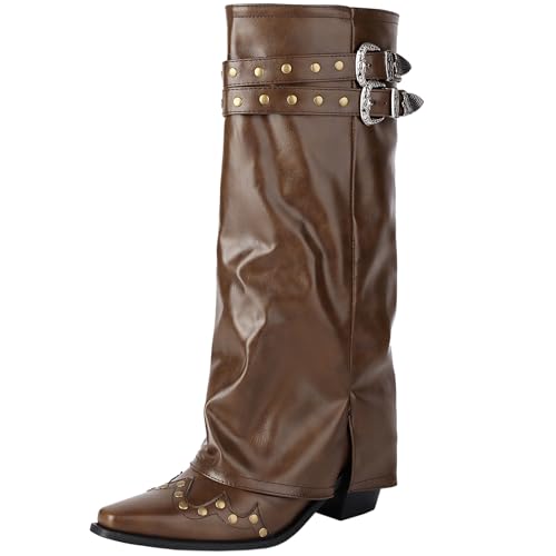 CUTEHEELS Damen Modische Slouch Boots Westernstiefel mit Gürtelschnalle (Braun, 43 EU) von CUTEHEELS