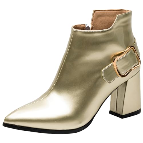 CUTEHEELS Damen Modische Stiefeletten mit Reißverschluss und Spitzer Zehenpartie und Blockabsatz (Gold, 39) von CUTEHEELS