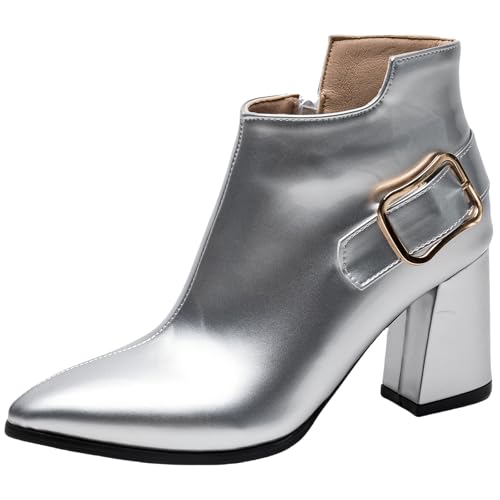 CUTEHEELS Damen Modische Stiefeletten mit Reißverschluss und Spitzer Zehenpartie und Blockabsatz (Silber, 39) von CUTEHEELS