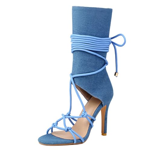 CUTEHEELS Damen Open-Toe Stiletto-Sandalen | Kreuzbänder | Partys, Freizeit (Blau, 38 EU) von CUTEHEELS
